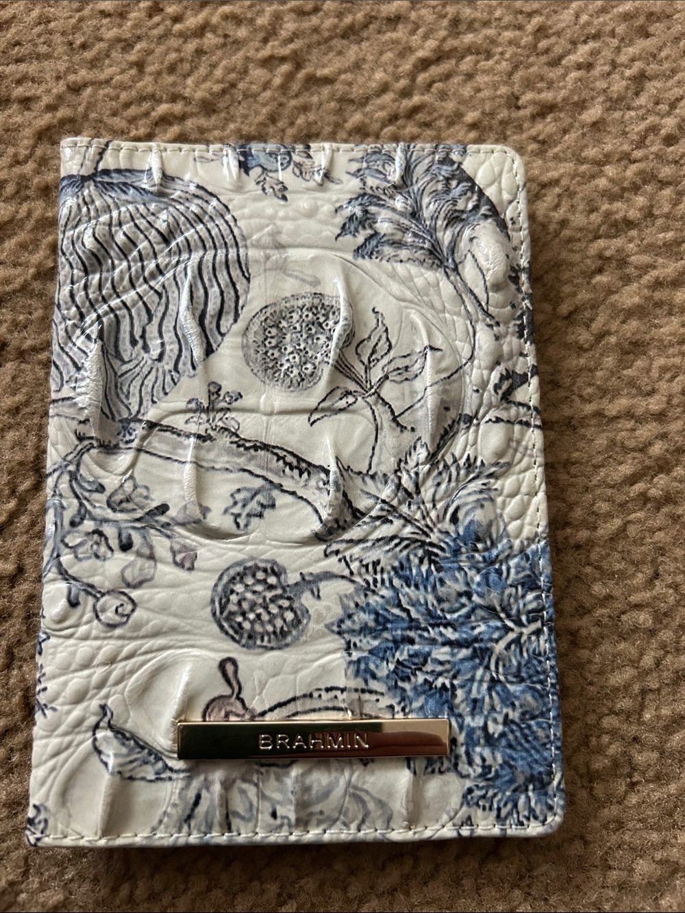 Brahmin White Leather Floral Travel Wallet with Blue Botanical Print